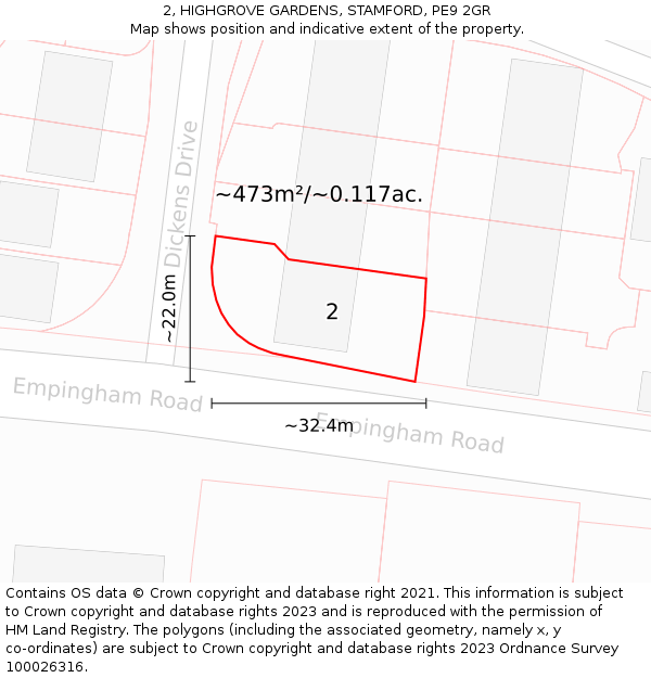 2, HIGHGROVE GARDENS, STAMFORD, PE9 2GR: Plot and title map