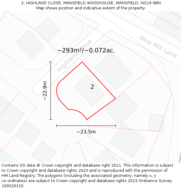 2, HIGHLAND CLOSE, MANSFIELD WOODHOUSE, MANSFIELD, NG19 9BN: Plot and title map