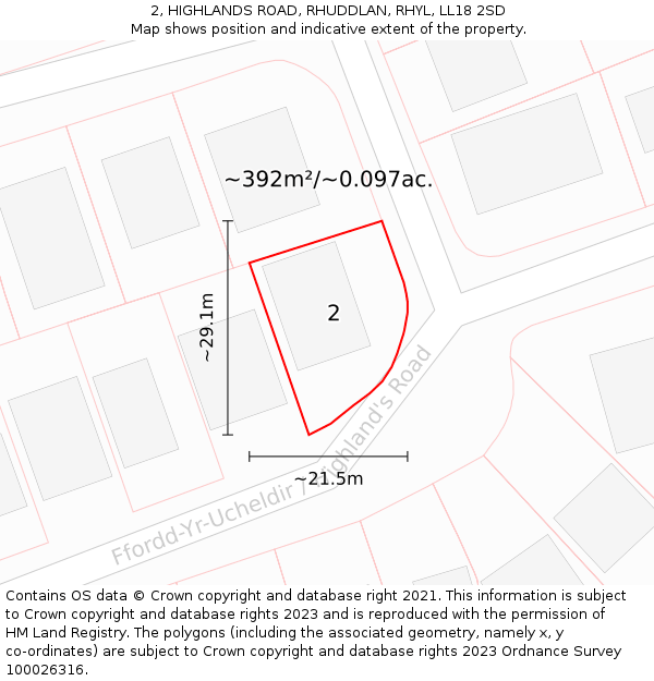 2, HIGHLANDS ROAD, RHUDDLAN, RHYL, LL18 2SD: Plot and title map