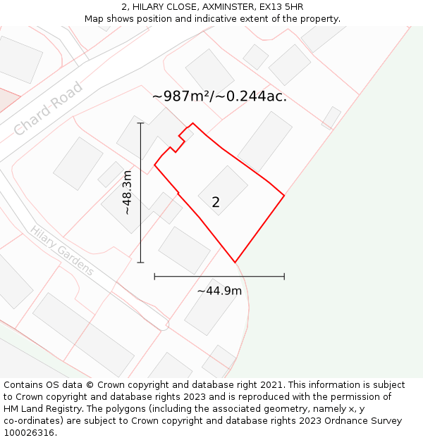 2, HILARY CLOSE, AXMINSTER, EX13 5HR: Plot and title map