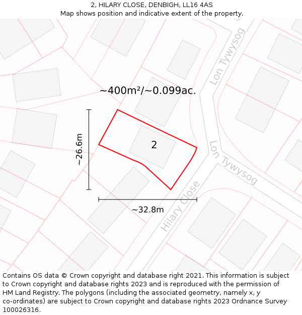 2, HILARY CLOSE, DENBIGH, LL16 4AS: Plot and title map