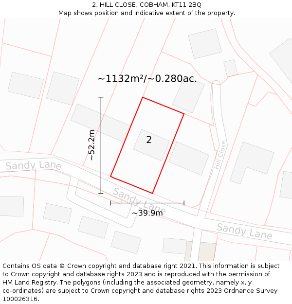 2, HILL CLOSE, COBHAM, KT11 2BQ: Plot and title map