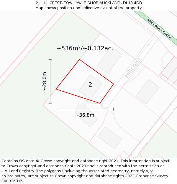 2, HILL CREST, TOW LAW, BISHOP AUCKLAND, DL13 4DB: Plot and title map