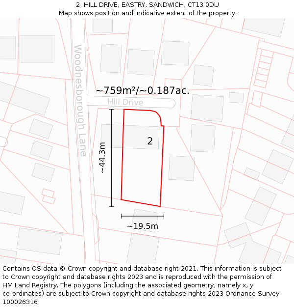 2, HILL DRIVE, EASTRY, SANDWICH, CT13 0DU: Plot and title map