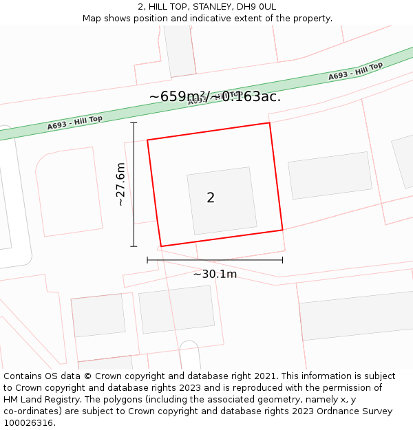 2, HILL TOP, STANLEY, DH9 0UL: Plot and title map