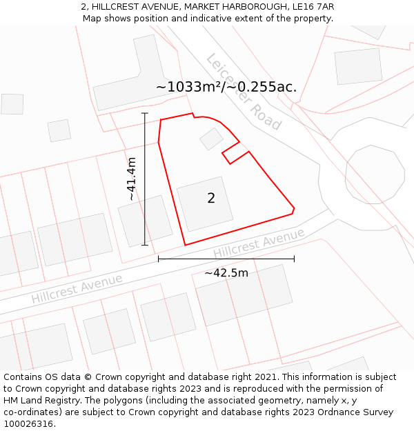 2, HILLCREST AVENUE, MARKET HARBOROUGH, LE16 7AR: Plot and title map