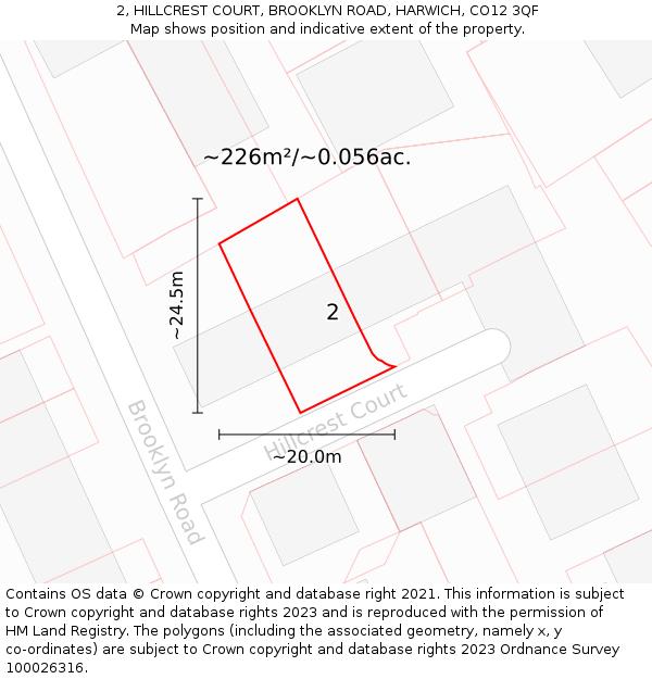 2, HILLCREST COURT, BROOKLYN ROAD, HARWICH, CO12 3QF: Plot and title map