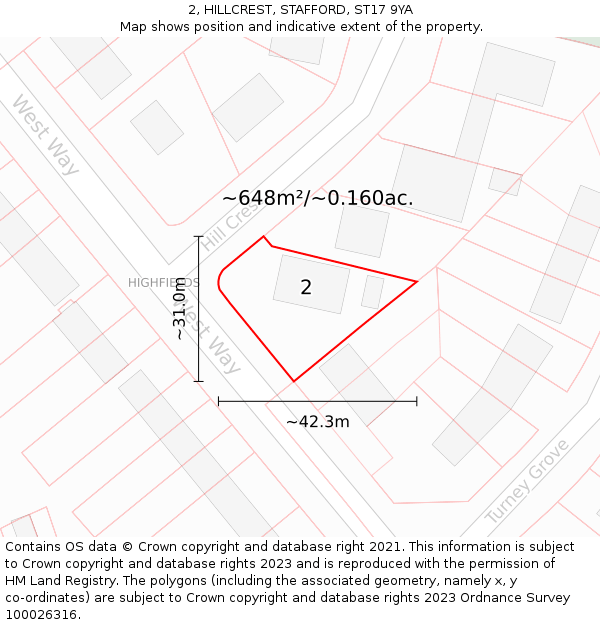 2, HILLCREST, STAFFORD, ST17 9YA: Plot and title map