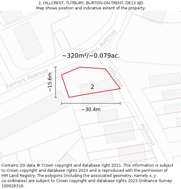 2, HILLCREST, TUTBURY, BURTON-ON-TRENT, DE13 9JD: Plot and title map