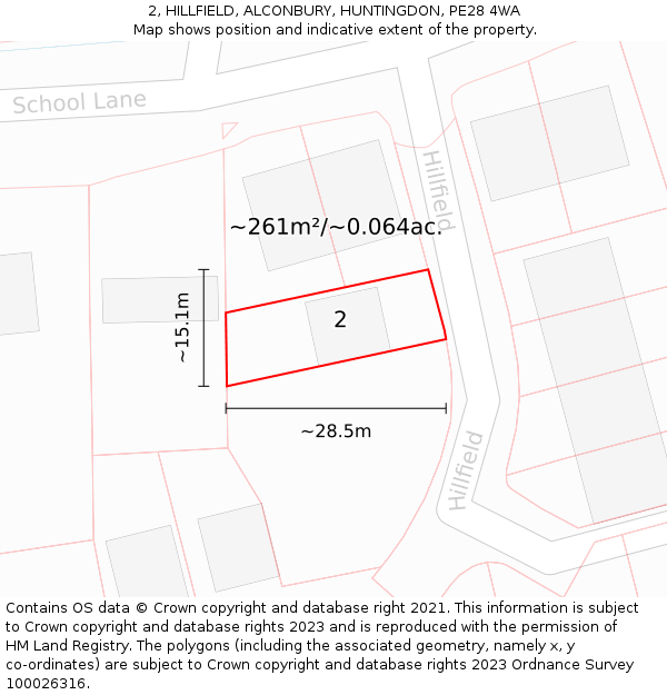 2, HILLFIELD, ALCONBURY, HUNTINGDON, PE28 4WA: Plot and title map