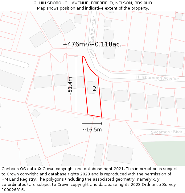 2, HILLSBOROUGH AVENUE, BRIERFIELD, NELSON, BB9 0HB: Plot and title map