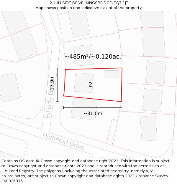 2, HILLSIDE DRIVE, KINGSBRIDGE, TQ7 1JT: Plot and title map