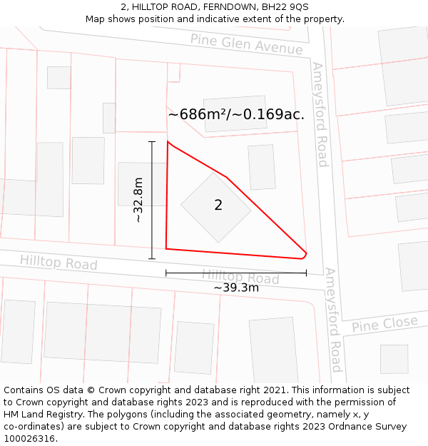 2, HILLTOP ROAD, FERNDOWN, BH22 9QS: Plot and title map