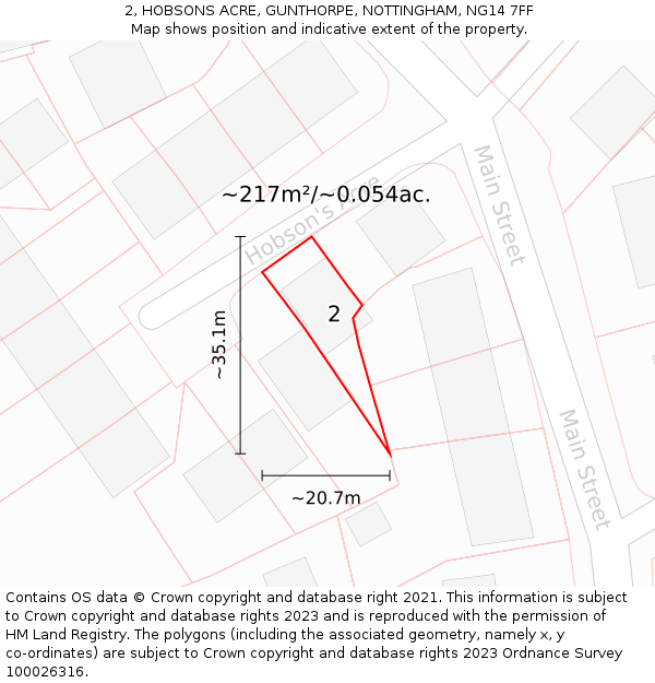 2, HOBSONS ACRE, GUNTHORPE, NOTTINGHAM, NG14 7FF: Plot and title map