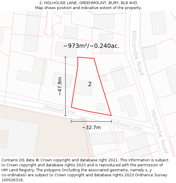 2, HOLHOUSE LANE, GREENMOUNT, BURY, BL8 4HD: Plot and title map