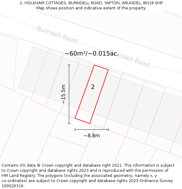 2, HOLKHAM COTTAGES, BURNDELL ROAD, YAPTON, ARUNDEL, BN18 0HP: Plot and title map