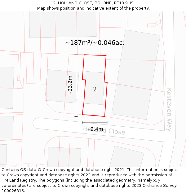 2, HOLLAND CLOSE, BOURNE, PE10 9HS: Plot and title map