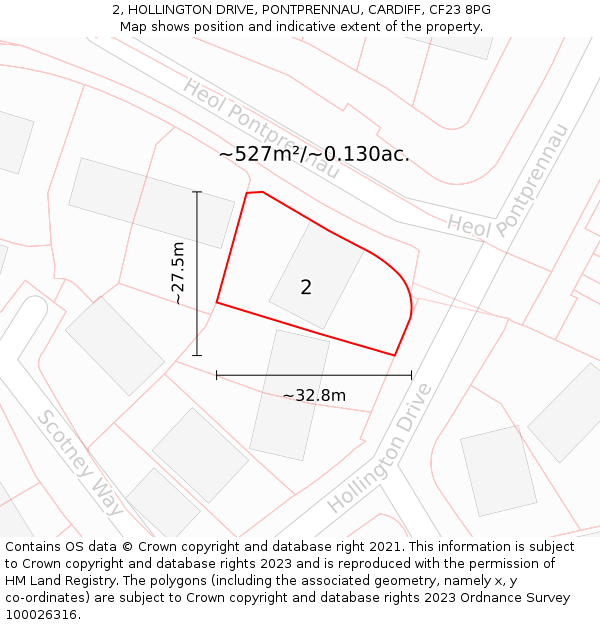 2, HOLLINGTON DRIVE, PONTPRENNAU, CARDIFF, CF23 8PG: Plot and title map