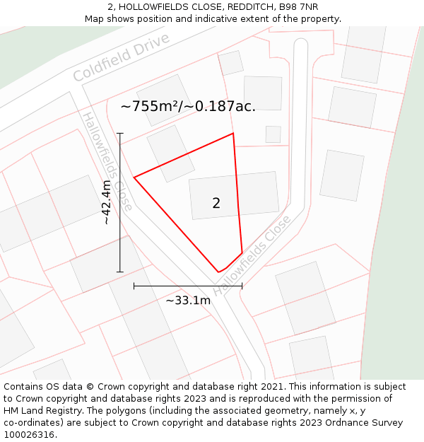 2, HOLLOWFIELDS CLOSE, REDDITCH, B98 7NR: Plot and title map