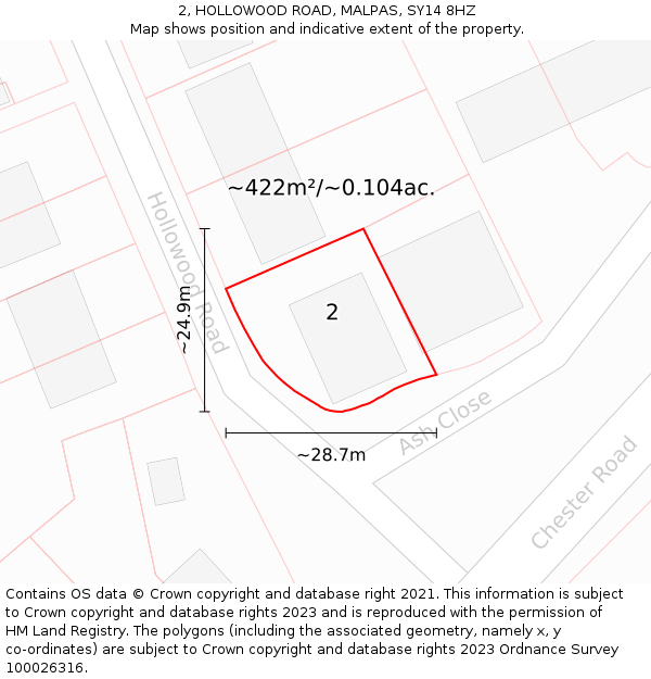 2, HOLLOWOOD ROAD, MALPAS, SY14 8HZ: Plot and title map