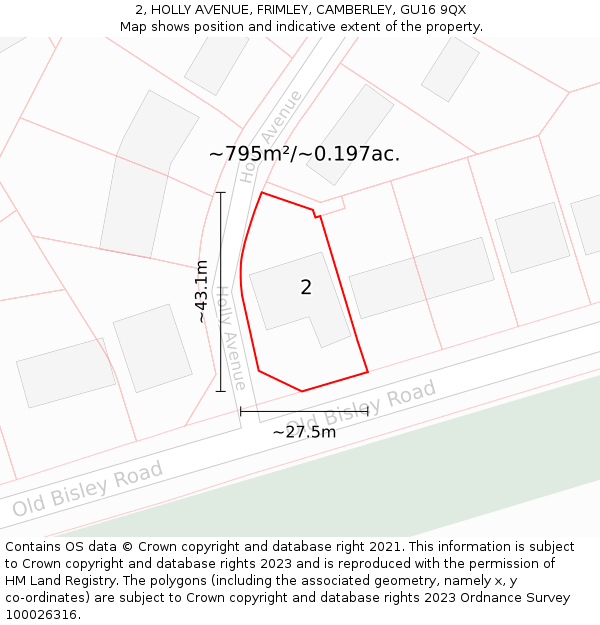 2, HOLLY AVENUE, FRIMLEY, CAMBERLEY, GU16 9QX: Plot and title map