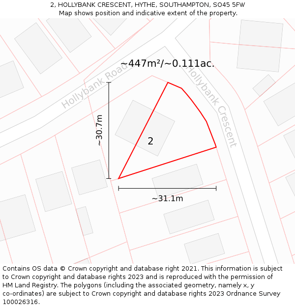 2, HOLLYBANK CRESCENT, HYTHE, SOUTHAMPTON, SO45 5FW: Plot and title map