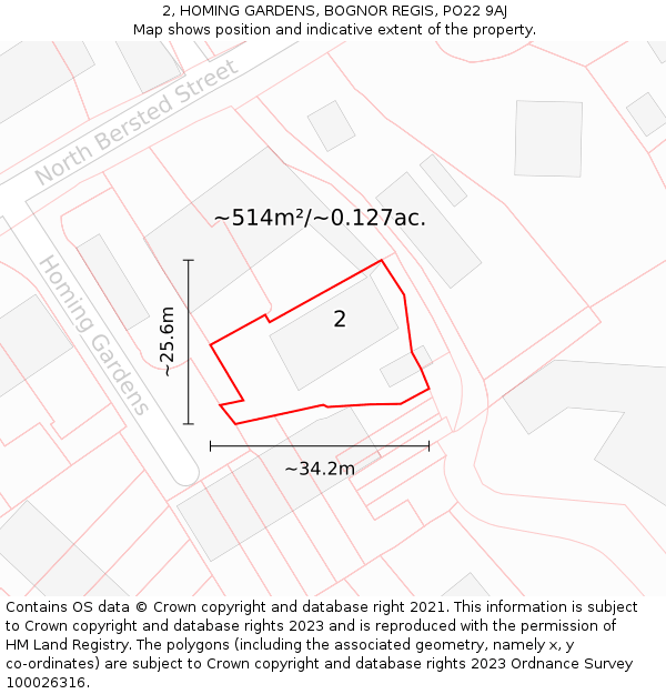 2, HOMING GARDENS, BOGNOR REGIS, PO22 9AJ: Plot and title map