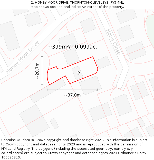 2, HONEY MOOR DRIVE, THORNTON-CLEVELEYS, FY5 4NL: Plot and title map