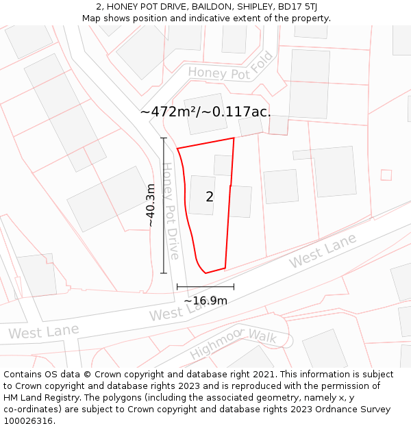 2, HONEY POT DRIVE, BAILDON, SHIPLEY, BD17 5TJ: Plot and title map