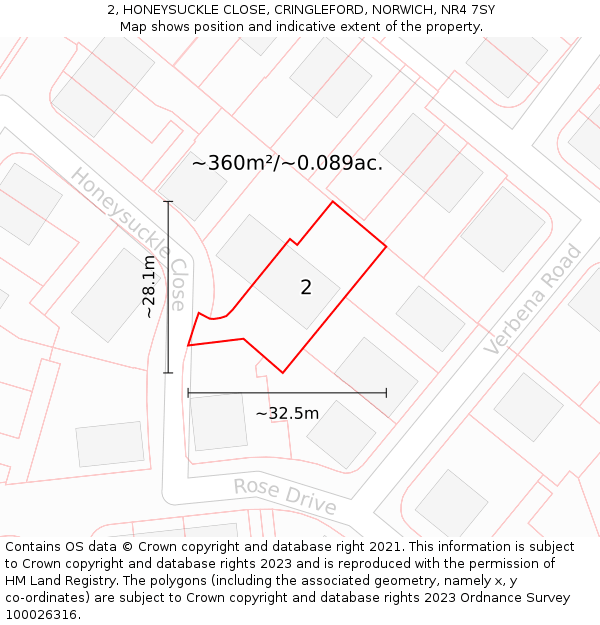 2, HONEYSUCKLE CLOSE, CRINGLEFORD, NORWICH, NR4 7SY: Plot and title map