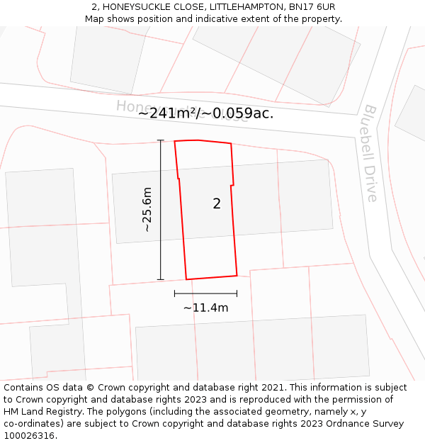 2, HONEYSUCKLE CLOSE, LITTLEHAMPTON, BN17 6UR: Plot and title map