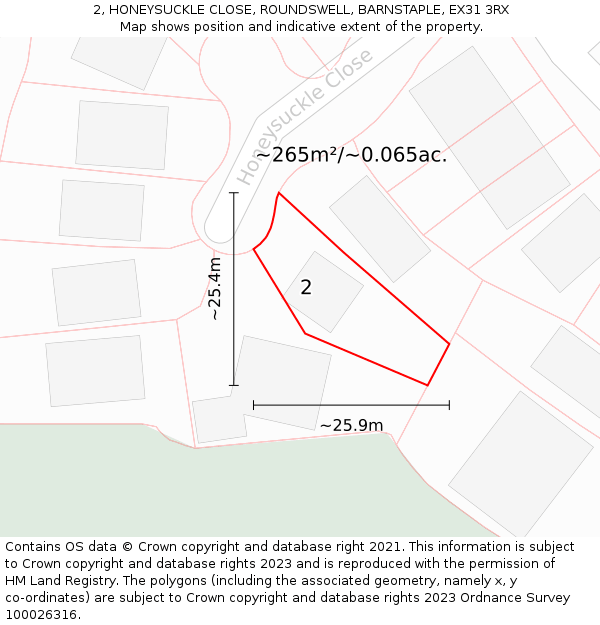 2, HONEYSUCKLE CLOSE, ROUNDSWELL, BARNSTAPLE, EX31 3RX: Plot and title map