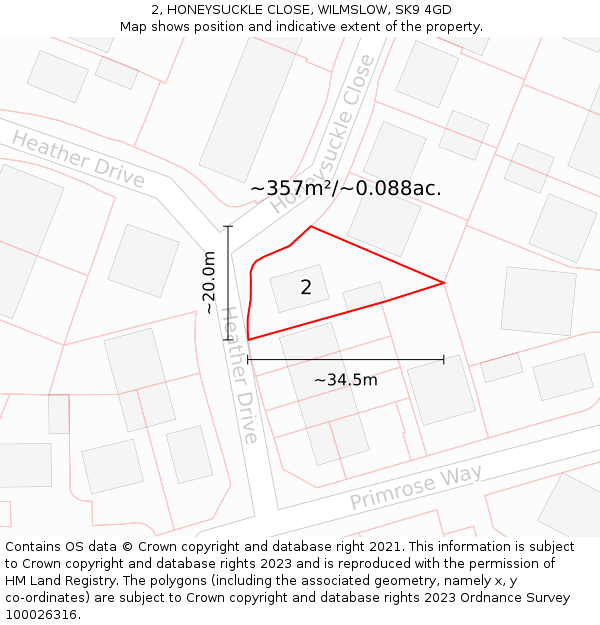 2, HONEYSUCKLE CLOSE, WILMSLOW, SK9 4GD: Plot and title map