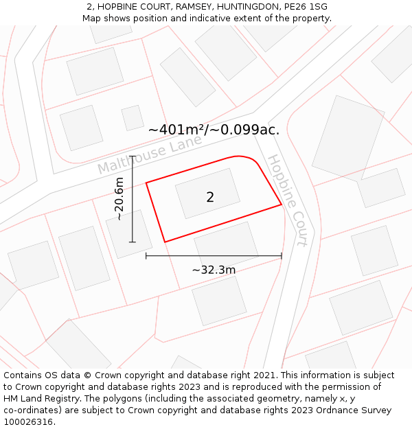 2, HOPBINE COURT, RAMSEY, HUNTINGDON, PE26 1SG: Plot and title map