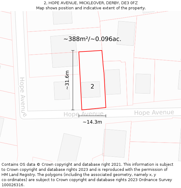 2, HOPE AVENUE, MICKLEOVER, DERBY, DE3 0FZ: Plot and title map