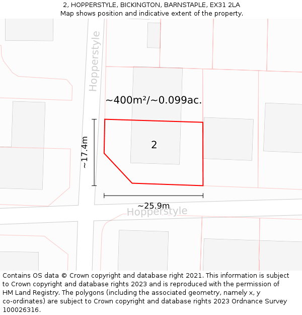 2, HOPPERSTYLE, BICKINGTON, BARNSTAPLE, EX31 2LA: Plot and title map