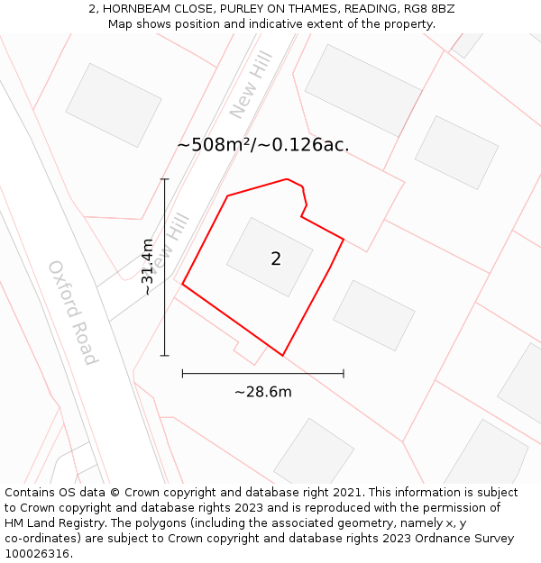 2, HORNBEAM CLOSE, PURLEY ON THAMES, READING, RG8 8BZ: Plot and title map