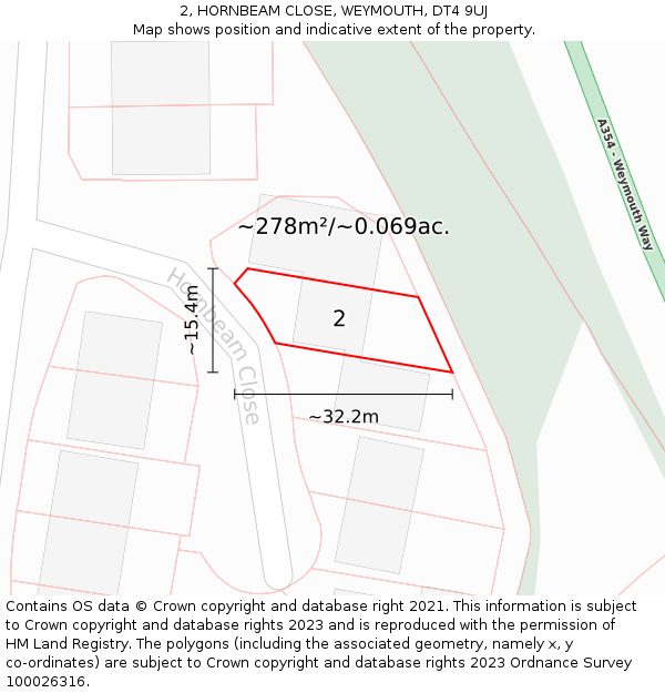 2, HORNBEAM CLOSE, WEYMOUTH, DT4 9UJ: Plot and title map