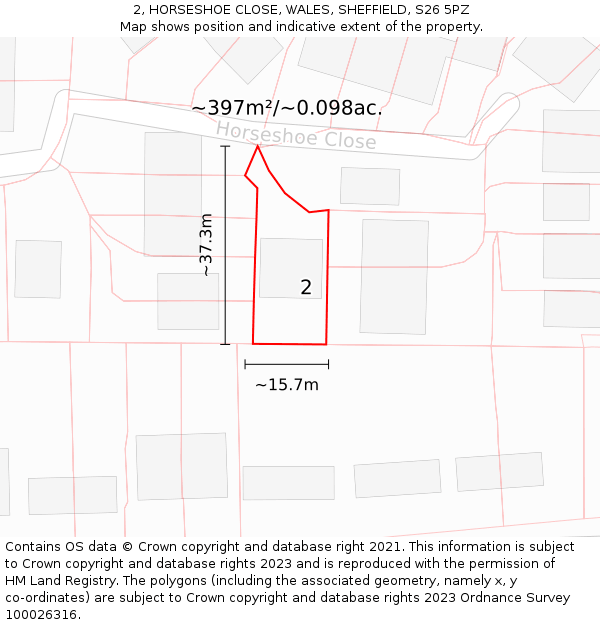 2, HORSESHOE CLOSE, WALES, SHEFFIELD, S26 5PZ: Plot and title map