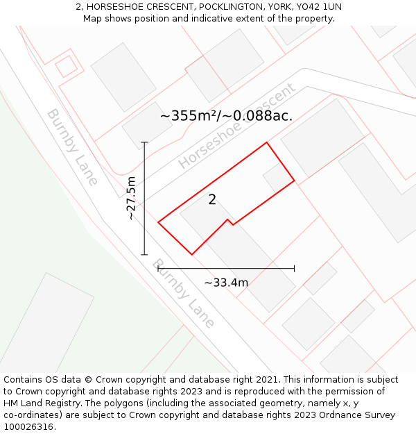 2, HORSESHOE CRESCENT, POCKLINGTON, YORK, YO42 1UN: Plot and title map