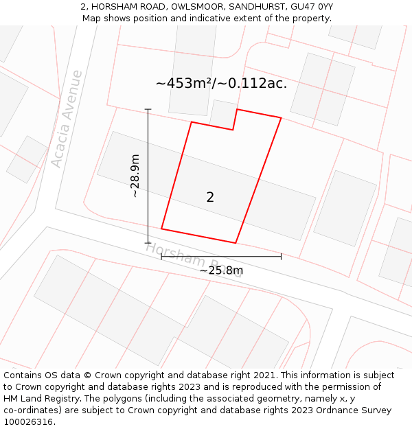 2, HORSHAM ROAD, OWLSMOOR, SANDHURST, GU47 0YY: Plot and title map