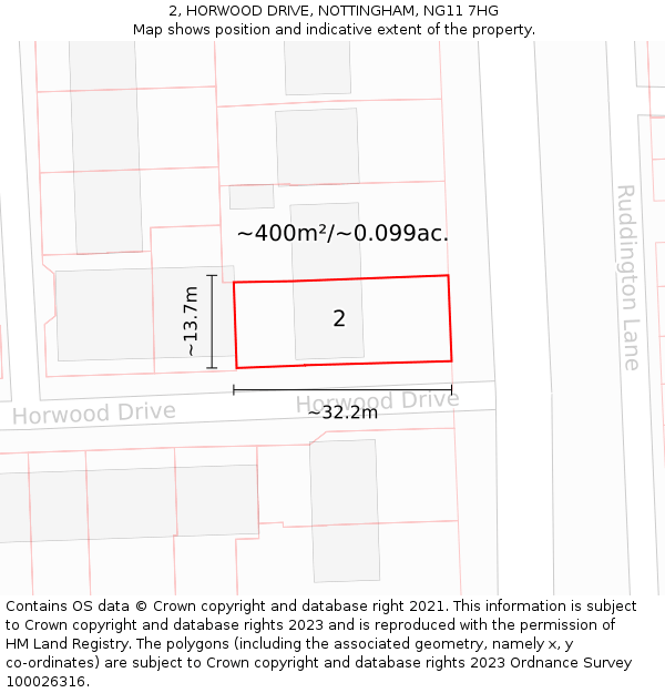 2, HORWOOD DRIVE, NOTTINGHAM, NG11 7HG: Plot and title map