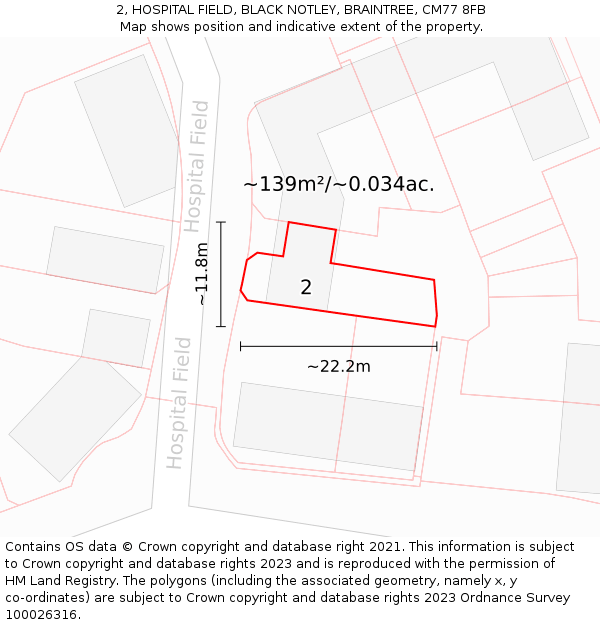 2, HOSPITAL FIELD, BLACK NOTLEY, BRAINTREE, CM77 8FB: Plot and title map