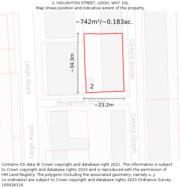 2, HOUGHTON STREET, LEIGH, WN7 1NL: Plot and title map