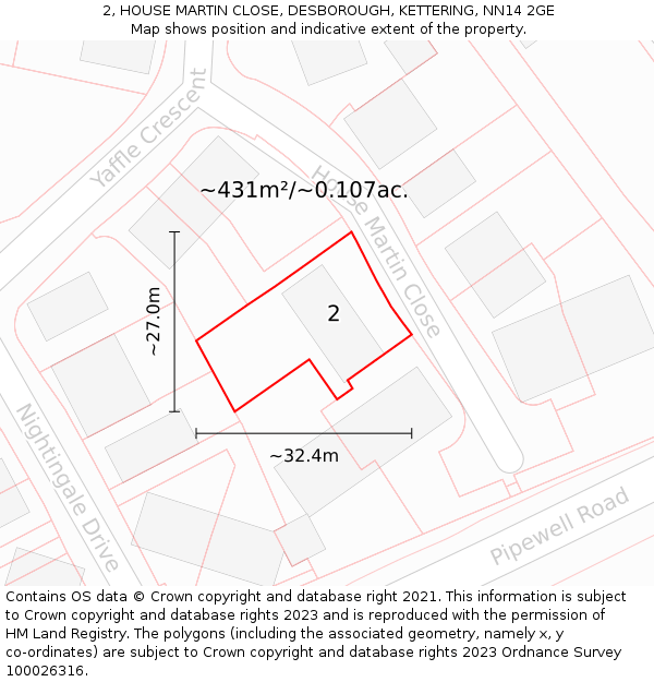 2, HOUSE MARTIN CLOSE, DESBOROUGH, KETTERING, NN14 2GE: Plot and title map