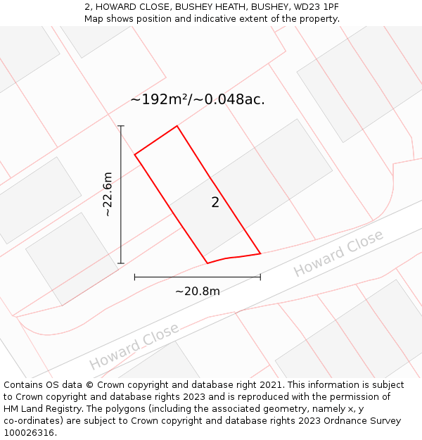 2, HOWARD CLOSE, BUSHEY HEATH, BUSHEY, WD23 1PF: Plot and title map