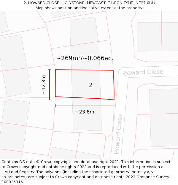 2, HOWARD CLOSE, HOLYSTONE, NEWCASTLE UPON TYNE, NE27 0UU: Plot and title map
