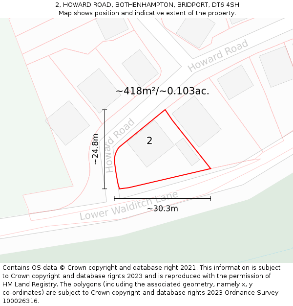 2, HOWARD ROAD, BOTHENHAMPTON, BRIDPORT, DT6 4SH: Plot and title map