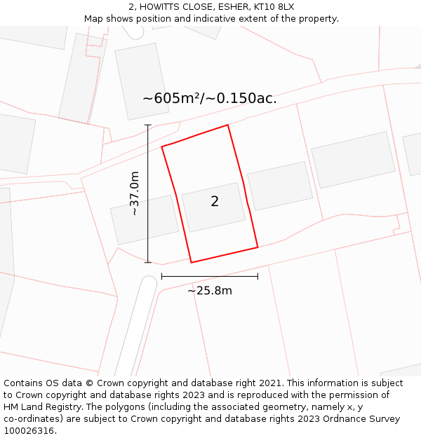 2, HOWITTS CLOSE, ESHER, KT10 8LX: Plot and title map