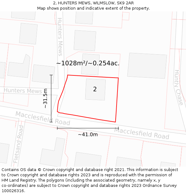 2, HUNTERS MEWS, WILMSLOW, SK9 2AR: Plot and title map